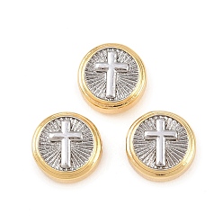 Платиновый & Золотой Двухцветные латунные бусины, долговечный, плоские круглые с крестом, стойки покрытие, без свинца и без кадмия, платиной и золотом, 10x5 мм, отверстие : 1.8 мм