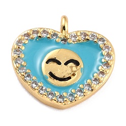 Dark Turquoise Golden Plated Brass Micro Pave Clear Cubic Zirconia Charms, with Enamel, Long-Lasting Plated, Heart with Smile Face, Dark Turquoise, 11x11.5x2.5mm, Hole: 1.2mm