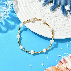 Настоящее золото 18K Эластичные браслеты из латуни и натурального культивированного пресноводного жемчуга для женщин., круглый и картофельный, реальный 18 k позолоченный, бусины : 3 мм и 7x6 мм, внутренний диаметр: 2.17 дюйм (5.5 см)