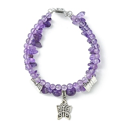 Амазонит Многорядный браслет с бусинами из натурального аметиста, Двухслойный браслет с подвеской в виде бабочки для девочек-подростков, античное серебро, 7-5/8 дюйм (19.5 см)