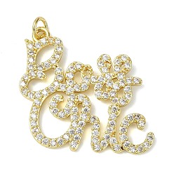 Настоящее золото 18K Латунные микропаве прозрачные подвески с фианитом, стильные шармы босса слов, долговечный, стойки покрытие, без свинца и без кадмия, реальный 18 k позолоченный, 29.5x31x2 мм, отверстие : 3.5 мм
