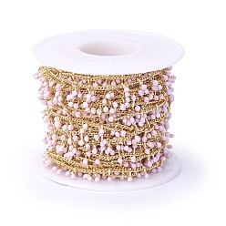 Лавандовый румянец Ручной цепи эмаль бисера, с латунной обуздать цепей, пайки, с катушкой, долговечный, реальный 18 k позолоченный, лавандовый румянец, 5.5x1.5~2 мм, около 32.8 футов (10 м) / рулон