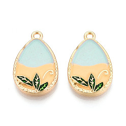 Бледно-бирюзовый Стойки обшивки сплава эмали подвески, слеза и лист, без кадмия и без свинца, золотой свет, бледные бирюзовая, 27.5x17x4 мм, отверстие : 2 мм