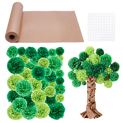 Green 36Pcs 12 Styles Paper Flower Ball Pendant Decorations, with 1 Roll Kraft Paper and 280Pcs Acrylic Flat Round Double Sided Adhesive Tape, Green, 150x29x1.8mm