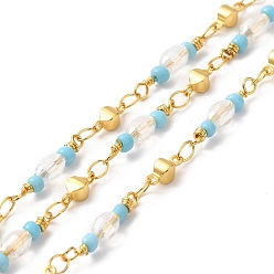 Light Sky Blue Handmade Oval Glass Beaded Chains, Real 18K Gold Plated Brass Link Chains, Soldered, with Spool, Cadmium Free & Lead Free, Light Sky Blue, Link: 8.5x3.5x3mm, Glass Bead: 18~19x4mm