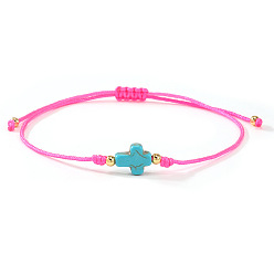 Ярко-Розовый Браслеты из окрашенных синтетических бирюзовых бусин зеленого цвета и латунных бусин, сплетенные из бусин., украшения из полиэстеровой нити, плетеные для женщин, крестик, ярко-розовый