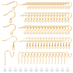 Настоящее золото 18K 100шт 5 стиль латунные крючки для сережек, ушная проволока пастушьего крючка, французские крючки с катушкой и шариком, с 100 пластиковыми ушными гайками, реальный 18 k позолоченный, 13~21x15.5~20x0.7~3 мм, отверстие : 1.5~2.5 мм, штифты : 0.5~0.9 мм, 20 шт / стиль