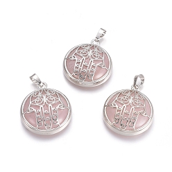 Розовый Кварц Природного розового кварца подвески, с латунной фурнитурой платинового цвета, квартира с рукой хамсы/рукой мириам, 31x27.5x8.5 мм, отверстие : 6.5x4 мм