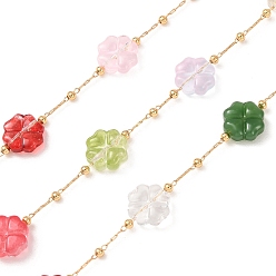 Golden Brass & Handmade Lampwork Beaded Chain, Clover, Soldered, with Spool, Golden, 10.5x10.5x5mm