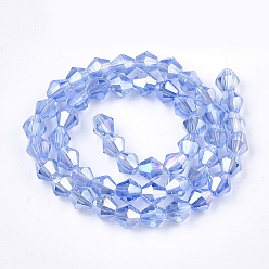 Cornflower Blue Electroplate Glass Beads Strands, AB Color Plated, Faceted, Bicone, Cornflower Blue, 6x5.5~6mm, Hole: 1mm, about 47~48pcs/strand, 10.83 inch(27.5cm)