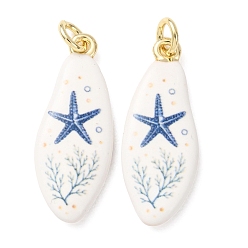 Marine Blue Printed Brass Pendants, Teardrop with Starfish Charms, Golden, Marine Blue, 26x10x3mm, Hole: 3mm