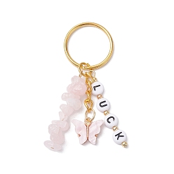 Golden Alloy Enamel Acrylic with Natural Rose Quartz Keychain, Butterfly, Word LUCK, Golden, 7.2cm