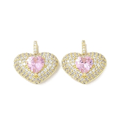 Pearl Pink Rack Plating Brass Pendants, With Clear Cubic Zirconia, Long-Lasting Plated, Lead Free & Cadmium Free, Golden, Heart, Pearl Pink, 20.5x20.5x10.5mm, Hole: 4mm