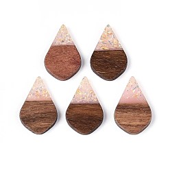 Розовый Подвески из непрозрачной смолы и орехового дерева, слезинки, с блестящей пудрой и золотой фольгой, туманная роза, 28x17.5x3~3.5 мм, отверстие : 1.8~2 мм