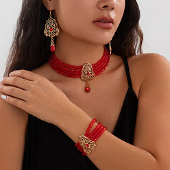 Рубин Ожерелье с подвеской из сплава со стеклянными стразами в форме капли, серьги-гвоздики и браслет, золотые, рубин, 400 мм
