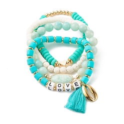 Turquoise Love Beads Stretch Bracelets Set, Cowrie Shell Shape & Tassel Charm Bracelets, Heishi Beads Surfering Bracelets, Natural Amazonite & Lava Rock Beads Bracelets for Women, Golden, Turquoise, Inner Diameter: 2-1/8 ~2.17 inch(5.3~5.5cm), 4pcs/set