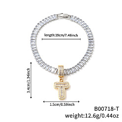 Letter T Модные латунные браслеты с подвесками из прозрачных кубических цирконий с микропаве, теннисные браслеты со стразами для женщин, буквы, Письмо T, 7-1/2 дюйм (19 см)