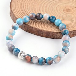 Blau Gefärbt natürliche Jade Perlen Stretch-Armbänder, mit filigranen Messingperlen, Blau, 56 mm