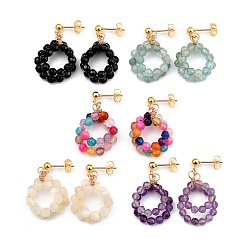 Mixed Stone Natural Gemstone Beads Stud Earrings, with 304 Stainless Steel Stud Earring Findings and Ear Nuts, Ring, Golden, 35x21x7.5mm, Pin: 0.8mm