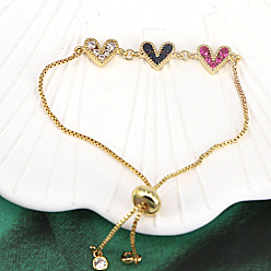 (52) Непрозрачная лаванда Регулируемые браслеты-слайдеры с цепочкой-коробкой, латунные браслеты-цепочки с микропаве из кубического циркония в форме сердца для женщин, золотые, разноцветные, 5-7/8~9-7/8 дюйм (15~25 см)