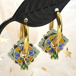 Синий Серьги-кольца из латуни с ромбами, с эмалью, без свинца и без кадмия, реальный 18 k позолоченный, стойки покрытие, синие, 26x17 мм