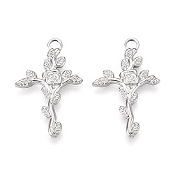 Нержавеющая Сталь Цвет Не тускнеющие 201 подвески из нержавеющей стали, крест с цветком, цвет нержавеющей стали, 30x18.5x1.5 мм, отверстие : 2.5 мм