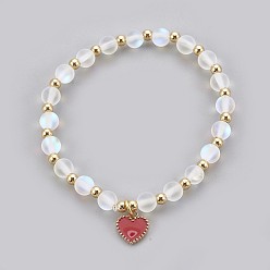 Rauch weiss 304 Armbänder aus Edelstahl-Emaille, mit synthetischen Mondsteinperlen und Messingfunden, Herz, golden, Rauch weiss, 2-1/4 Zoll (5.8 cm)