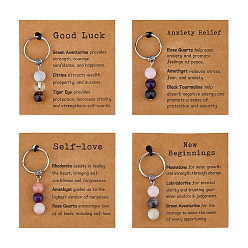 Смешанные камни 4 шт. 4 стили брелоки из натуральных драгоценных камней, с цинковым сплавом и бумажной карточкой, 51 мм