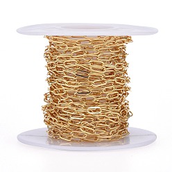 Real 18K Gold Plated Soldered Brass Paperclip Chains, Flat Oval, Drawn Elongated Cable Chains, Long-Lasting Plated, with Spool, Real 18K Gold Plated, 6x2.5~3x0.5mm, about 16.4 Feet(5m)/roll