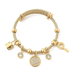 Golden 304 Stainless Steel Bangles, with Rhinestone, Flat Round & Lock & Key, Golden, 2-1/4 inch(5.7cm), Pendant: 10~20x7~15x2~5mm