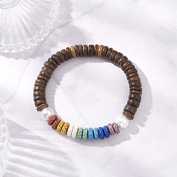 Смешанные камни Браслеты из натурального кокоса, лавового камня и ракушек с бусинами для женщин, плоско-круглые, внутренний диаметр: 2-1/8 дюйм (5.4 см)