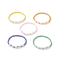 Mixed Color Glass Seed & Plastic Pearl Beaded Stretch Bracelet for Women, Mixed Color, Inner Diameter: 2 inch(5.2cm)