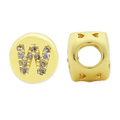Letter W Brass Micro Pave Clear Cubic Zirconia Beads, Flat Round with Letter, Letter.W, 7.5x6.5mm, Hole: 3.5mm, 3pcs/bag