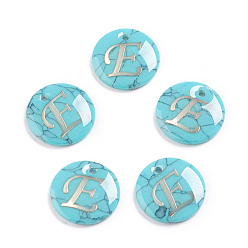 Letter E Synthetic Turquoise Charms, with Plastic Letter, Flat Round, Letter.E, 15x2mm, Hole: 1.5mm