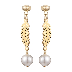 Golden 304 Stainless Steel Leaf Dangle Stud Earrings, with Shell Pearl, Golden, 41x8mm