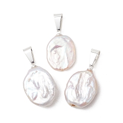 Серебро Подвески из натурального барочного жемчуга Кеши, Овальные подвески в виде монет с 201 защелкивающимися креплениями из нержавеющей стали, белые, серебряные, 21~22x14.5x4~5 мм, отверстие : 6x2.5 мм