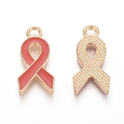 Rouge Pendentifs en émail , ruban de sensibilisation au sida, or, rouge, 19.5x9.5x2mm, Trou: 2mm