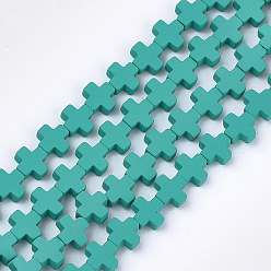 MediumSeaGreen Окрашенного распылением немагнитных синтетических нитей гематита бусы, крестик, светло-зеленый, 6~6.5x6~6.5x2.5 мм, отверстие : 0.8 мм, около 66~75 шт / нитка, 16.5 дюйм ~ 18.7 дюйм