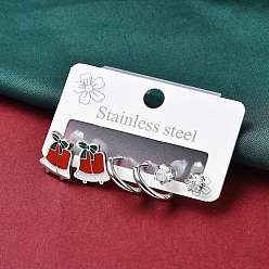 Нержавеющая Сталь Цвет 3 пары 3 стили рождество 304 наборы из сережек-колец и гвоздиков из нержавеющей стали для женщин, с эмалью, кубическим цирконием и стразами, цвет нержавеющей стали, 12~14x2~10.5 мм, 1 пара / стиль