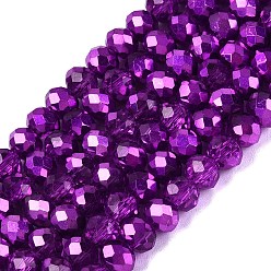 Темно-Фиолетовый Прозрачные стеклянные бусины гальваническим пряди, рондель, со серебряным покрытием, с половиным покрытием, окрашенная и подогревом, граненые, темно-фиолетовый, 4~4.5x3.5~4 мм, отверстие : 0.8~0.9 мм, около 111~115 шт / нитка, 15.75~16.34 дюйм (40~41.5 см)