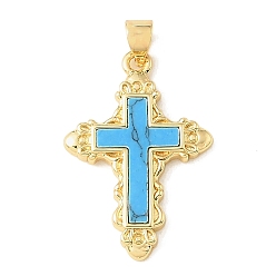 Real 18K Gold Plated Dyed Synthetic Turquoise Pendants, Brass Religion Cross Bezeled Charms, Rack Plating, Long-Lasting Plated, Cadmium Free & Lead Free, Real 18K Gold Plated, 28x19x2.5mm, Hole: 4x3.5mm
