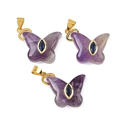 Amethyst Natural Amethyst Pendants, Butterfly Charms with Brass Micro Pave Cubic Zirconia Findings, Golden, 17.5~19x23~25x6.5~7mm, Hole: 3.5x4mm