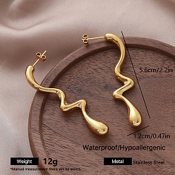 Golden 304 Stainless Steel Stud Earrings for Women, Wave, Golden, 56x12mm