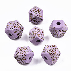 Средняя Орхидея Расписные бусы из натурального дерева, лазерная гравировка, граненые, многоугольник с леопардовым принтом, средне орхидеи, 12x12x12 мм, отверстие : 2.5 мм