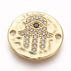 Золотой Латунные коннекторы, с кубического циркония, без свинца, без кадмии и без никеля, плоский круглый с hamsa рука / рука fatima / рука miriam, прозрачные, золотые, 18x2 мм, отверстие : 1.8 мм