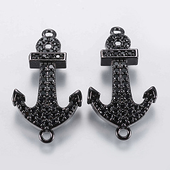 Gunmetal Brass Micro Pave Cubic Zirconia Links, Anchor, Black, Gunmetal, 34.5x18x3mm, Hole: 1.5mm