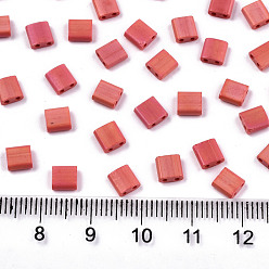 Salmon 2-Hole Glass Seed Beads, Opaque Frosted Colours Rainbow, Rectangle, Salmon, 5x4.5~5.5x2~2.5mm, Hole: 0.5~0.8mm, about 1180pcs/bag