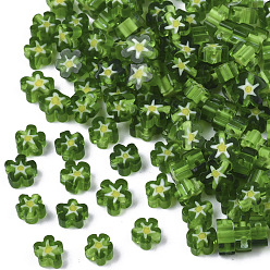 Green Glass Beads, Flower, Green, 5~7x5~7x2~3mm, Hole: 1mm