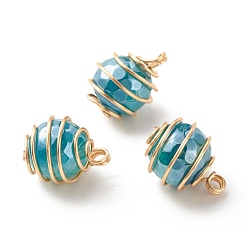 Medium Turquoise Electroplated Natural Agate Penndants, with Copper Wire Wrapped, Golden, Faceted Round, Medium Turquoise, 18x13mm, Hole: 2~2.5mm