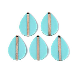Средний Бирюзовый Кулоны из непрозрачной смолы и дерева, слеза, средне бирюзовый, 36~36.5x24.5x3.5 мм, отверстие : 2 мм